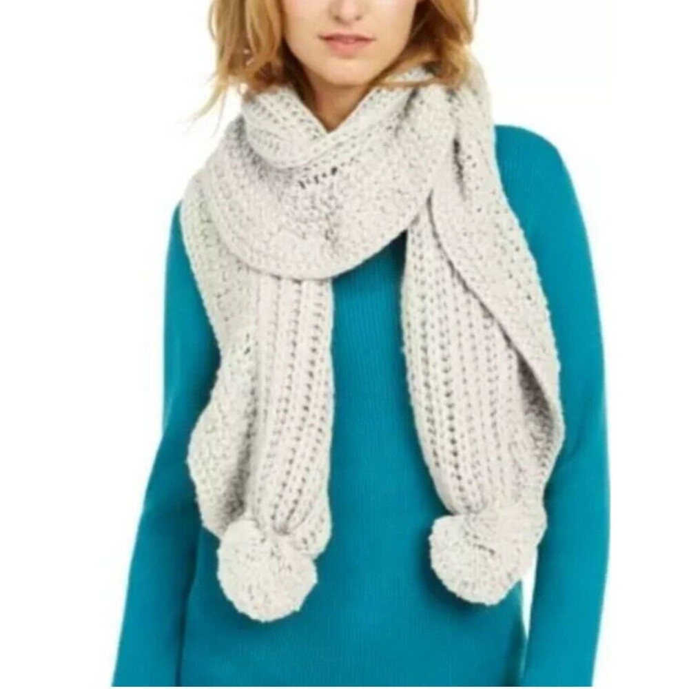 Charter Club Scarf Ruffle Knit Boa Ivory Pompon End Neck Warmer
